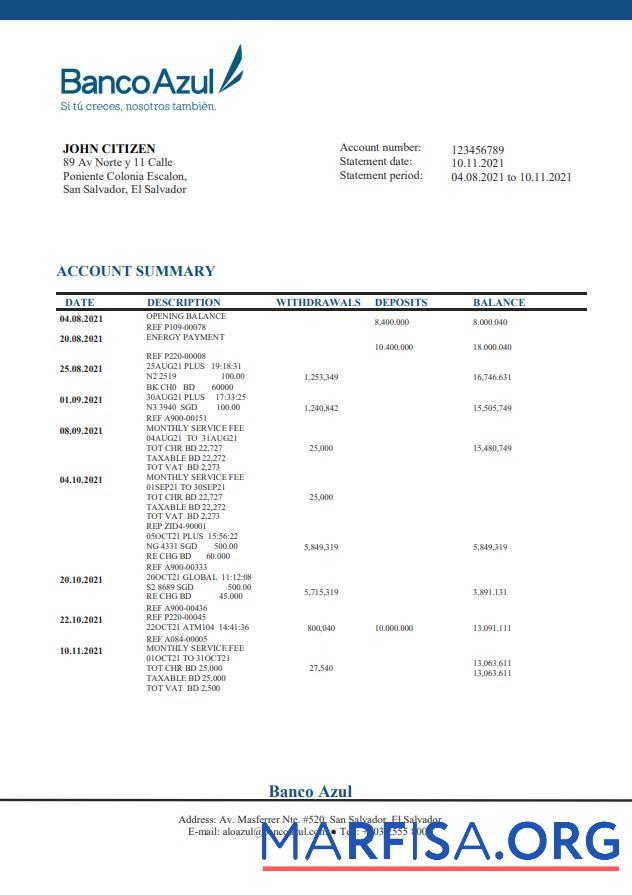 Blank Salvador Banco Azul bank statement word real example